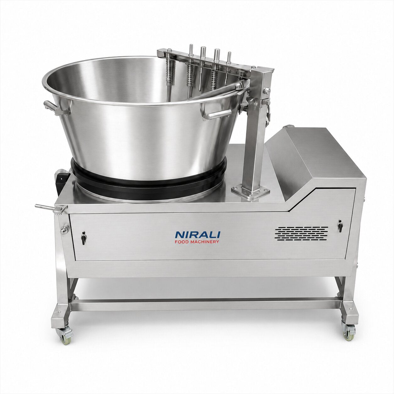 Stainless steel kitchen mixer with a large bowl on a white background, branded 'Nirali'.